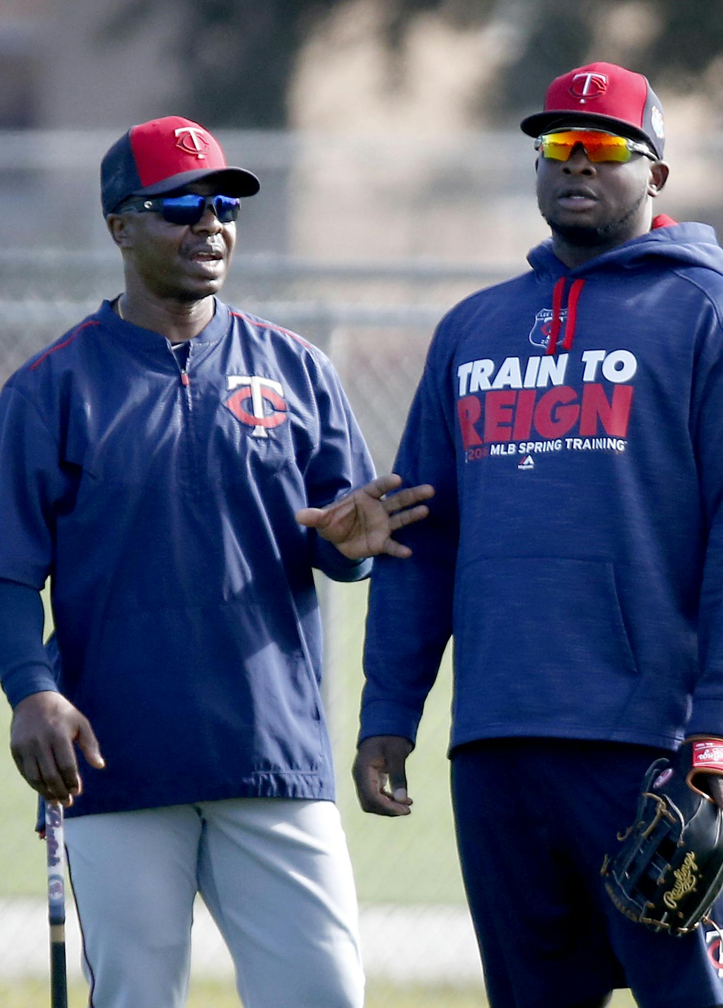 Minnesota Twins Butch Davis spoke with Miguel Sano during Thursday's spring training workout. ] CARLOS GONZALEZ cgonzalez@startribune.com - February 25, 2016, Fort Myers, FL, CenturyLink Sports Complex, Minnesota Twins Spring Training, MLB, Baseball, first practice for pitchers and catchers