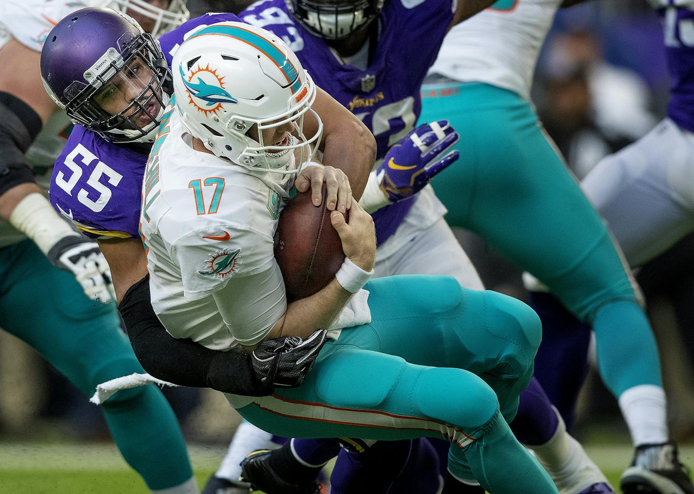 Minnesota Vikings' Anthony Barr sacks Miami Dolphins' Ryan Tannehill in the third quarter on Sunday Dec. 16, 2018 at U.S. Bank Stadium in Minneapolis, Minn. (Carlos Gonzalez/Minneapolis Star Tribune/TNS) ORG XMIT: 1257881