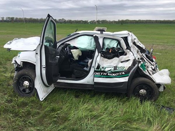 The University of North Dakota squad car that was stolen and later crashed Sunday on U.S. Hwy. 75 near Crookston, Minn.