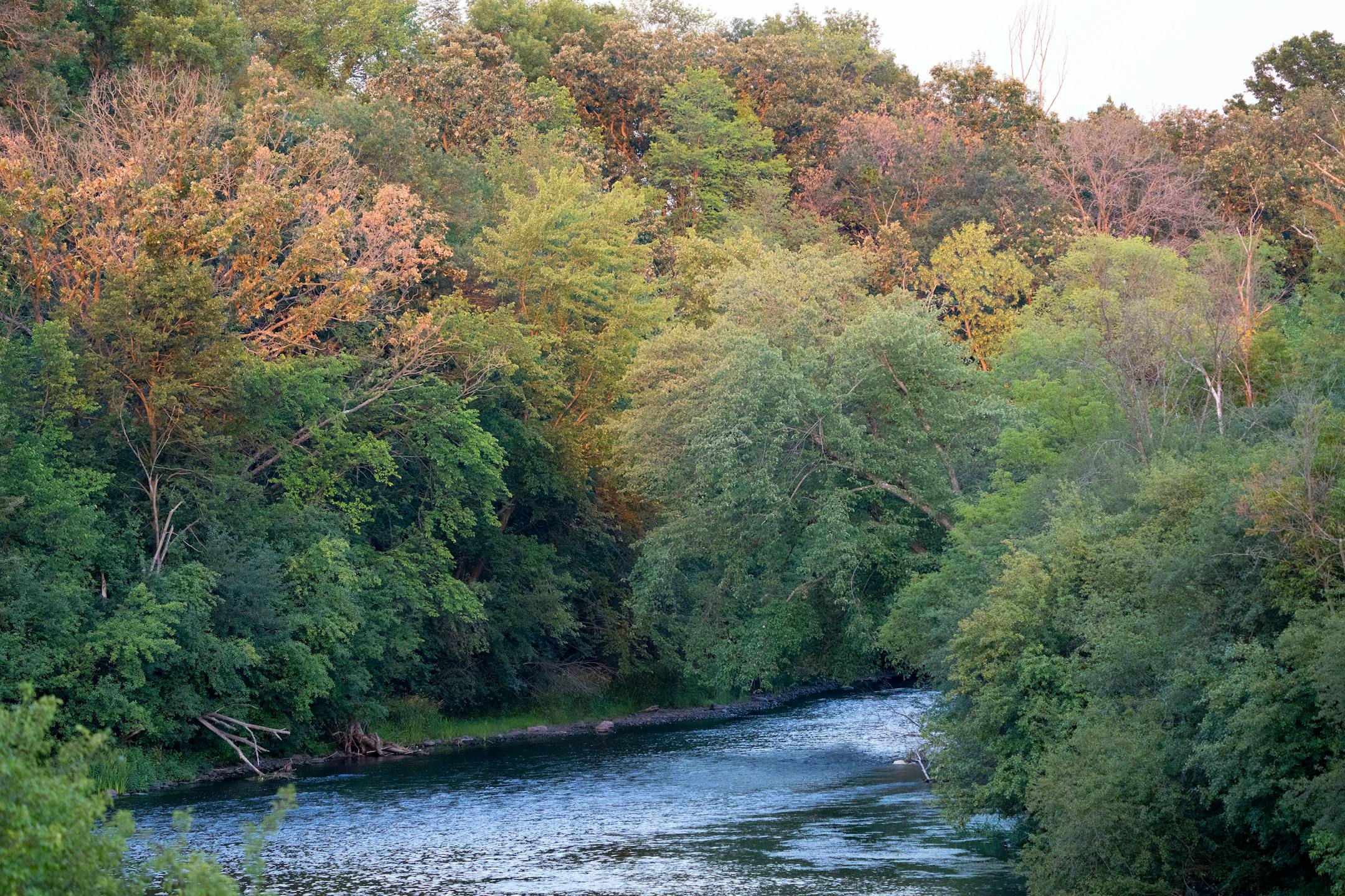 The sun sets over the Apple River while Water Recovery authorities comb the area with metal detectors after five people were stabbed while tubing down the river Saturday, July 30, 2022 in Somerset, WI.   ]