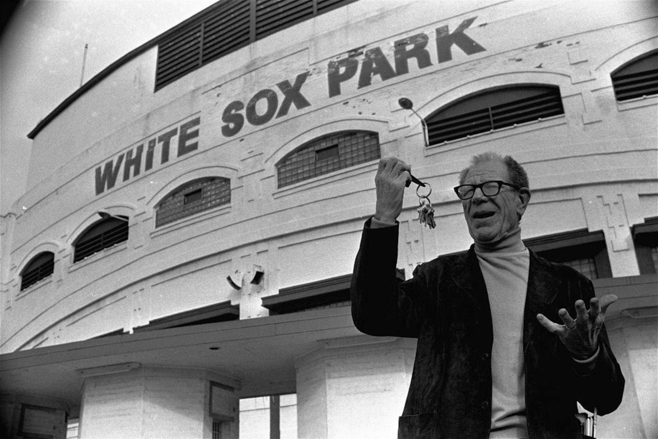 Bill Veeck, new owner of the Chicago White Sox, clowns as he stands outside the White Sox ball park holding the keys to the park, December 16, 1975. Veeck was heard to say, "It's all mine."