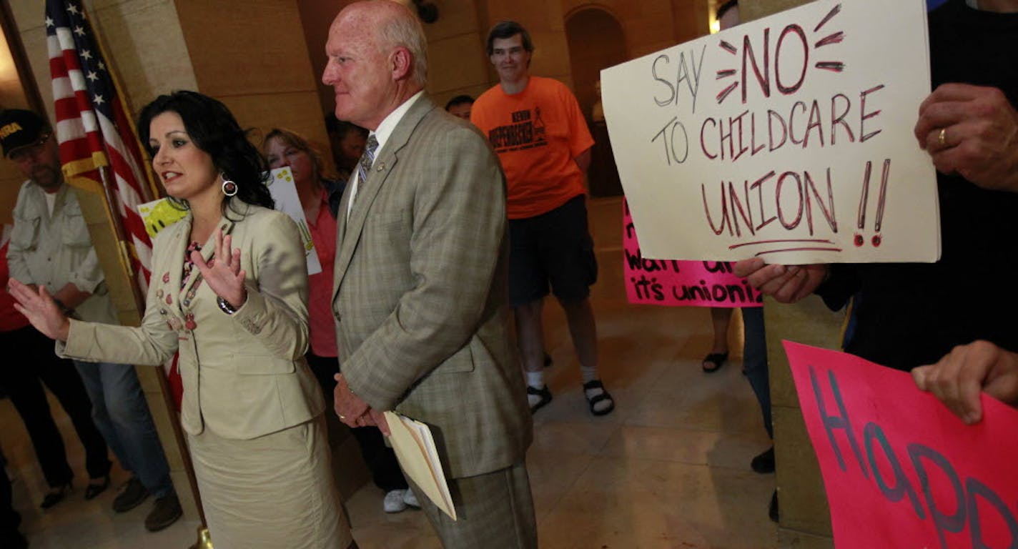 Rep. Mary Franson, left, and Sen. Mike Perry spoke on behalf of childcare providers and supporters during a rally Tuesday against what they called forced unionization.