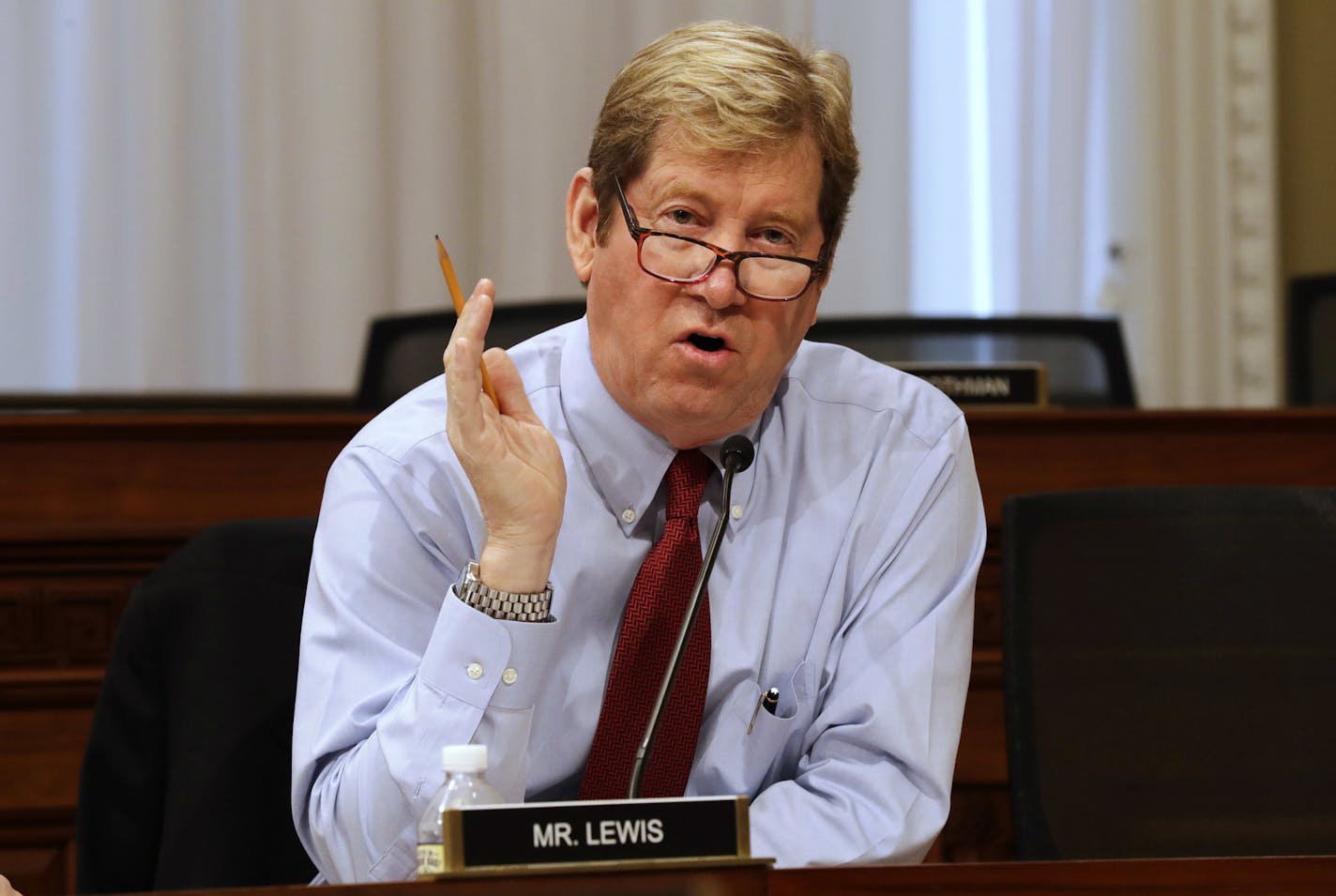 House Budget Committee member Rep. Jason Lewis, R-Minn. questions Budget Director Mick Mulvaney on Capitol Hill in Washington, on Capitol Hill in Washington, during the committee's hearing on President Donald Trump's fiscal 2018 federal budget. (AP Photo/Jacquelyn Martin) ORG XMIT: DCJM113