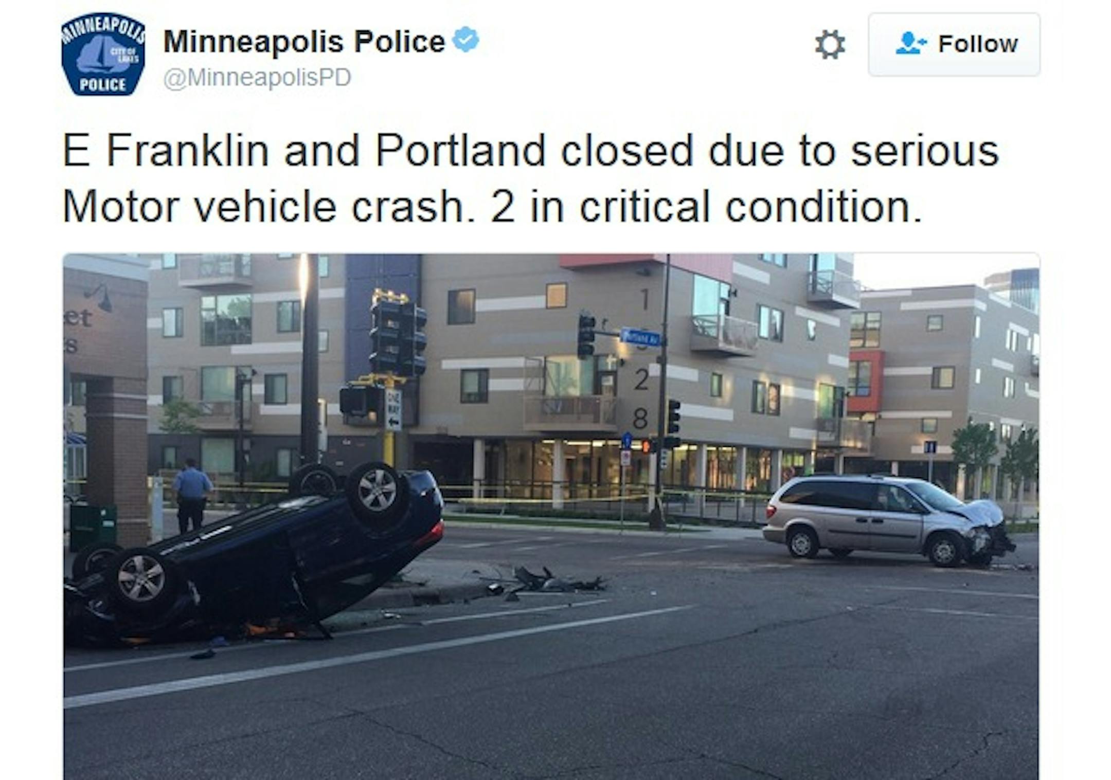 A Twitter picture of a crash at Franklin and Portland avenues in Minneapolis Monday, June 6.