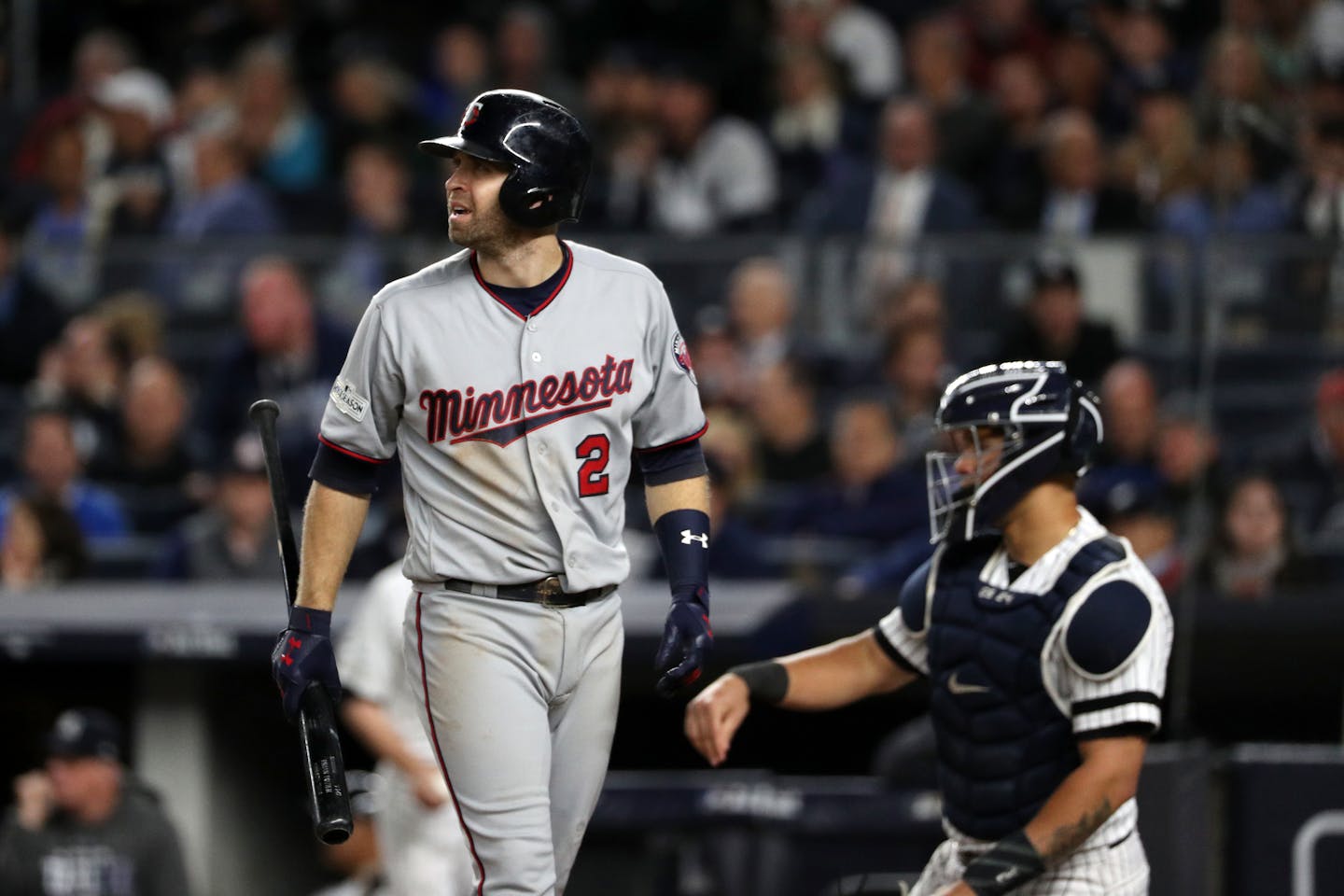 The Minnesota Twins' Brian Dozier (2) reacts after a strike out in the sixth inning against the New York Yankees during the American League Wild Card game at Yankee Stadium in New York on Tuesday, Oct. 3, 2017. (Anthony Souffle/Minneapolis Star Tribune/TNS) ORG XMIT: 1212512