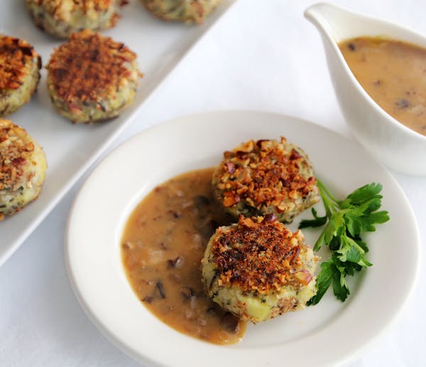Potato and Wild Rice Croquettes and Mushroom Gravy. Photo by Robin Asbell * Special to the Star Tribune