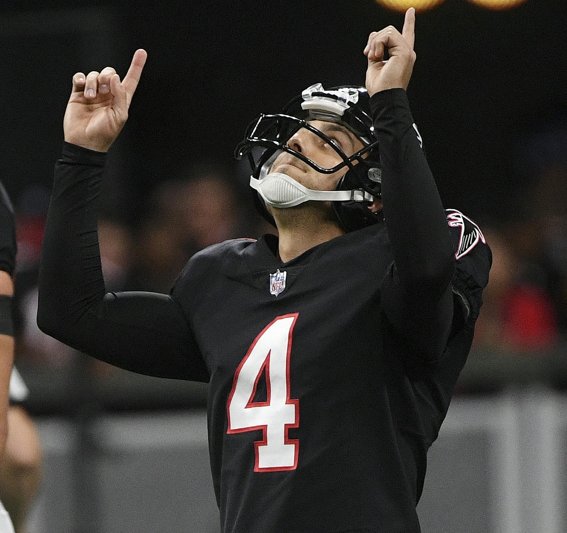 Atlanta Falcons kicker Giorgio Tavecchio (4) celebrates his field goal against the New York Giants during the second half of an NFL football game, Monday, Oct. 22, 2018, in Atlanta. (AP Photo/John Amis)