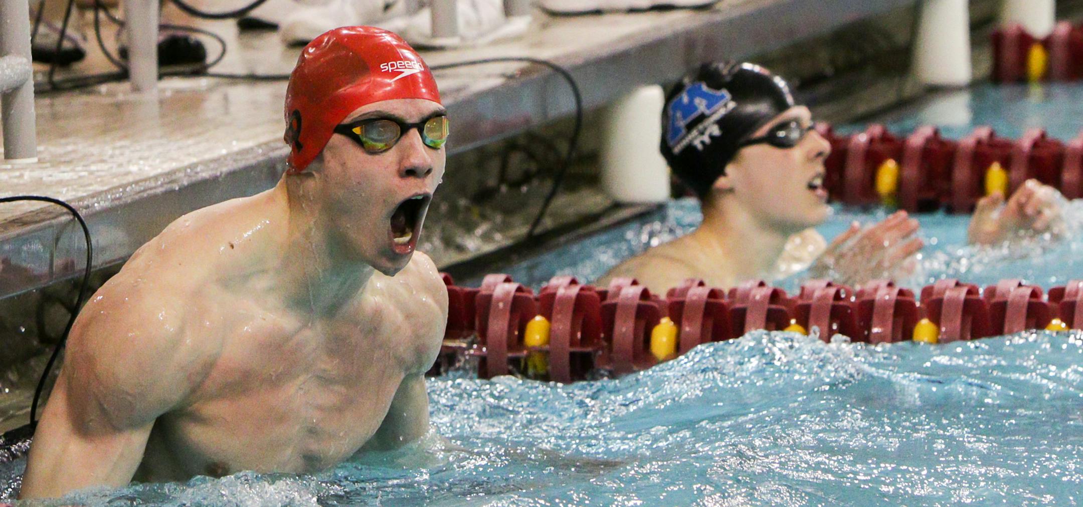 Jordan Greenberg of Eden Prairie celebrates their 200 Yard Medley Relay record breaking victory in the Class 2A Boys Swimming & Diving Tournament on March 5, 2016 at the Aquatic Center at the University of Minnesota in Minneapolis, Minn. [ Special to Star Tribune, photo by Matt Blewett, Matte B Photography, matt@mattebphoto.com, 2016 MSHSL Boys Swimming & Diving Tournament