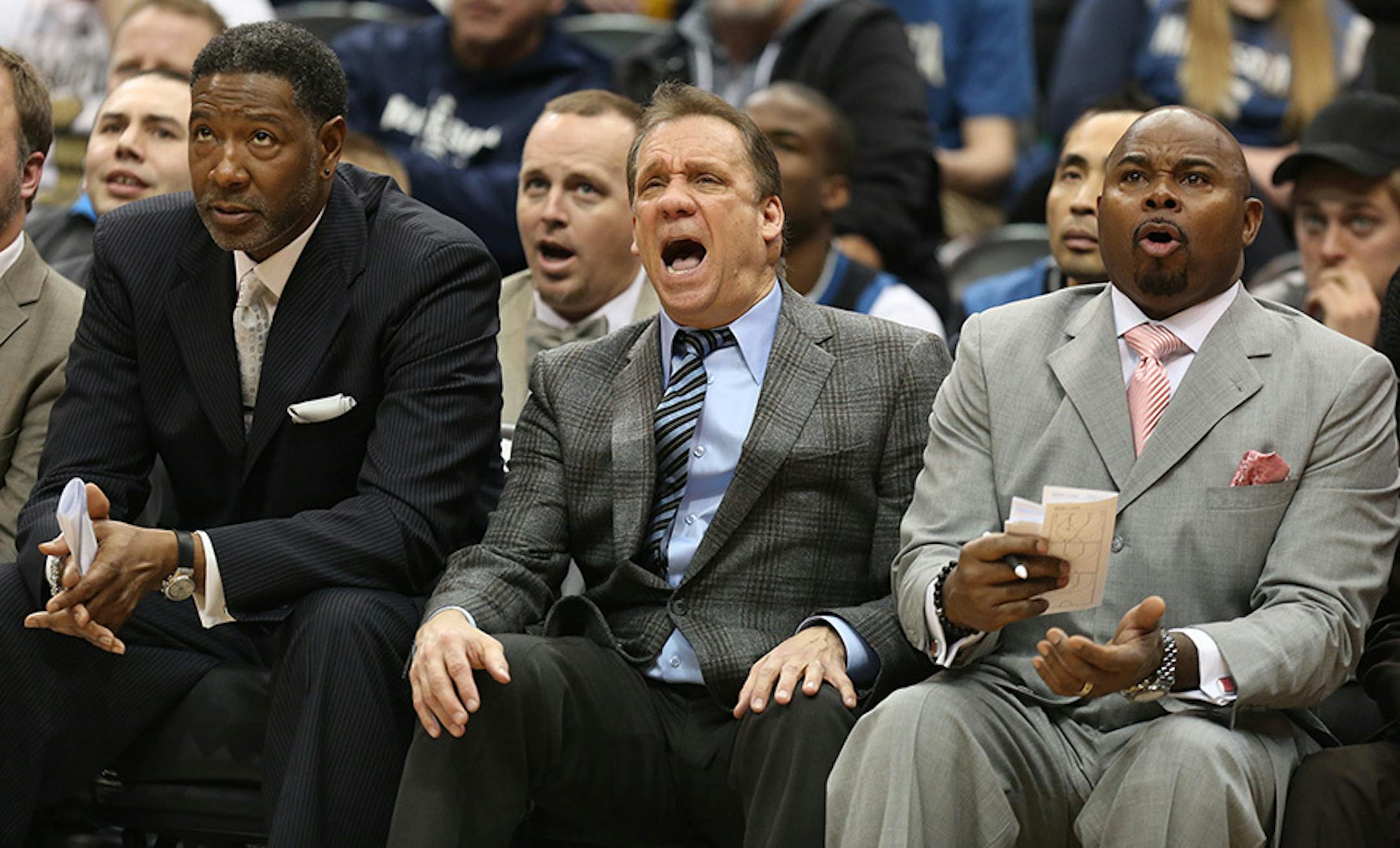 The Wolves head coach Flip Saunders yelled for a foul.