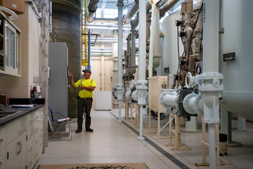 Operator Bill McNamara stands inside the Hastings Water Treatment Plant in Hastings, Minn. on Thursday, July 20, 2023. The plant filters for nitrates but not PFAs, but a new plant will be very expensive for the town.