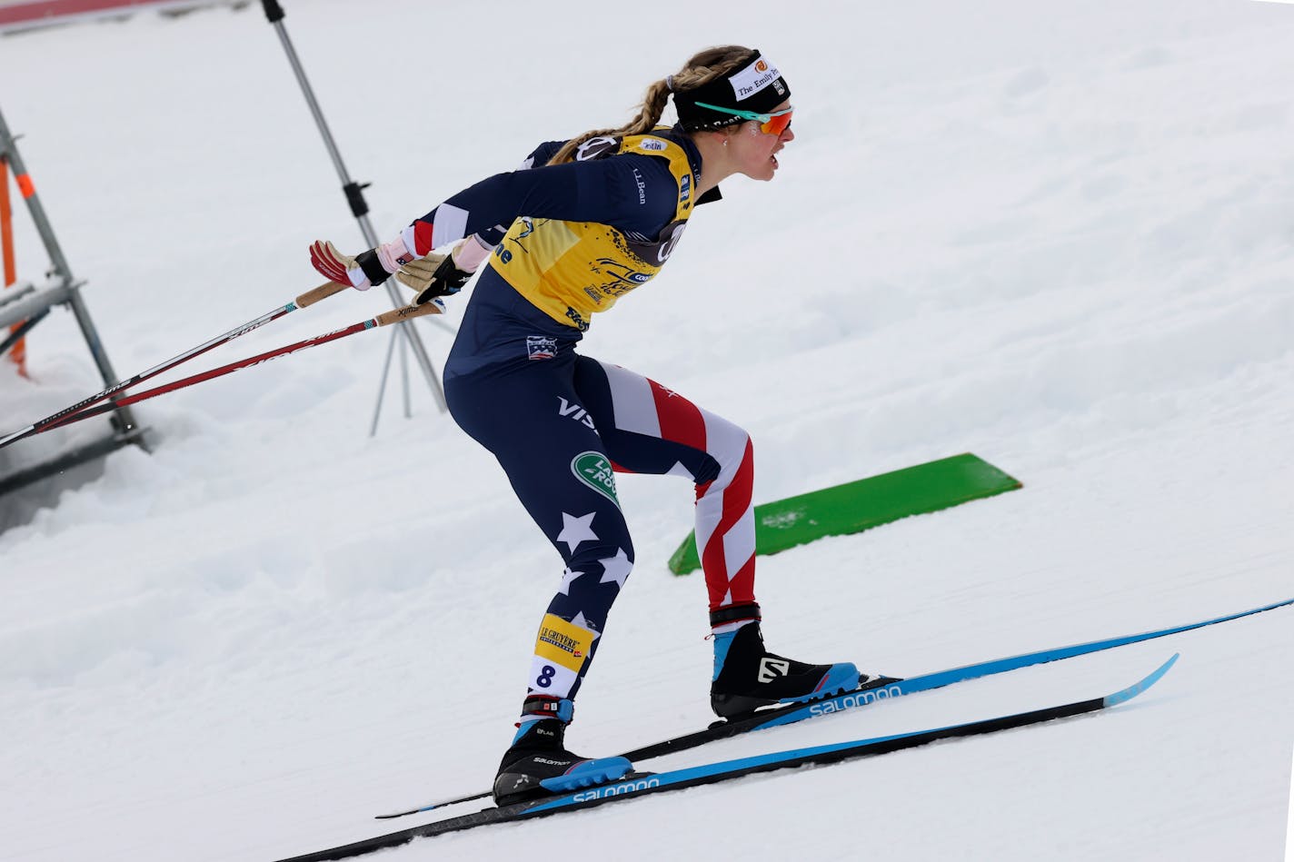 United States' Jessie Diggins competes during a women's Tour de Ski, cross-country ski sprint event, in Val di Fiemme, Italy, Saturday, Jan. 9, 2021. (AP Photo/Alessandro Trovati)