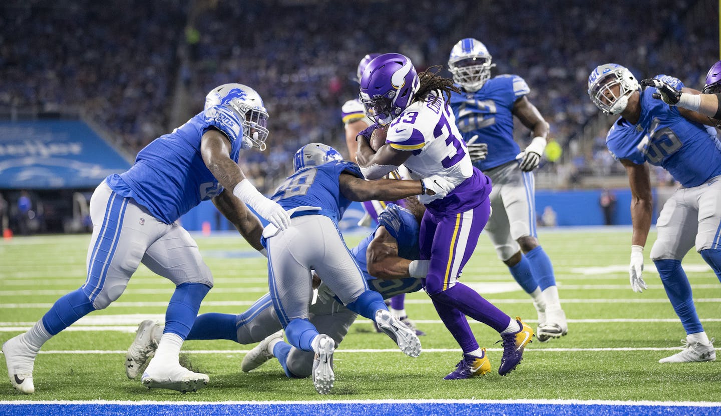 Vikings running back Dalvin Cook scored on a short yard touchdown run in the second quarter, the first of his two scores on Sunday.