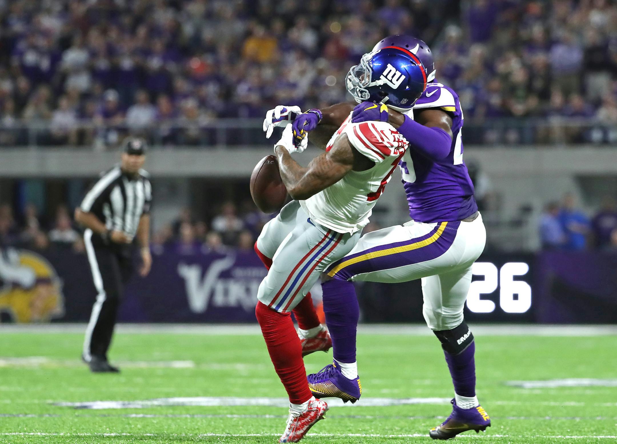 Vikings Xavier Rhodes had Giants reciever Odell Beckham Jr. covered, stopping them on a late 2nd quarter drive. ] Minnesota Vikings vs New York Giants - U.S. Bank Stadium
brian.peterson@startribune.com
Minneapolis, MN 10/03/16