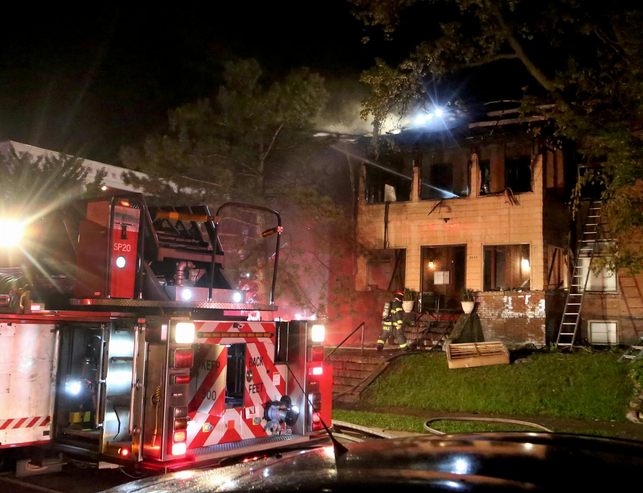 An early morning, three alarm apartment fire at 1st Ave. S and 25th in Minneapolis South displaced 10 people Wednesday, Aug. 30, 2017, in Minneapolis, MN.