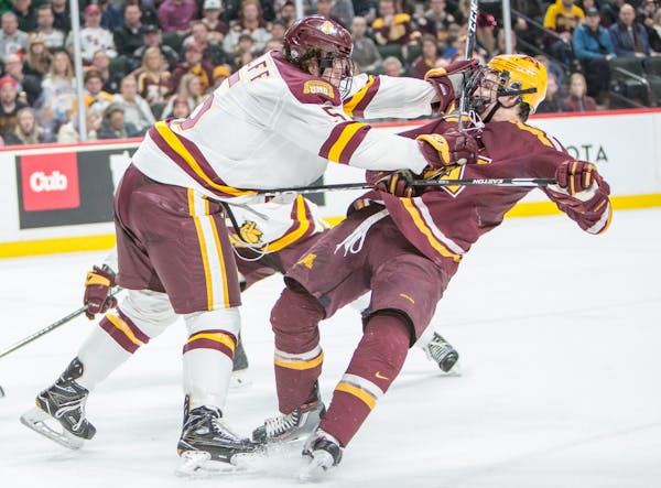 Minnesota Gophers forward Vinni Lettieri (19) is leveled in front of the net by UMD Bulldogs defenseman Nick Wolff (5). [ Special to Star Tribune, pho