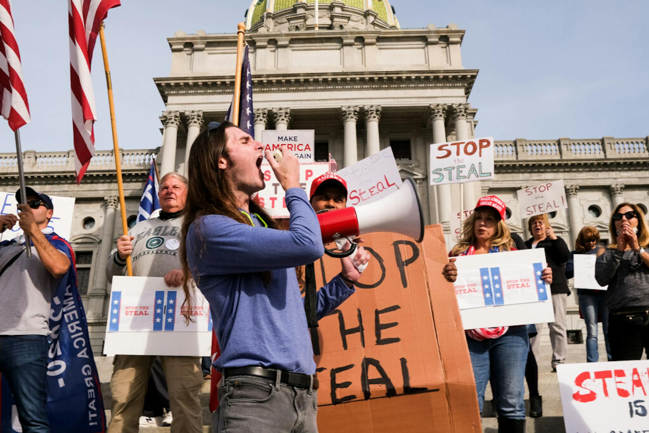 A "Stop the Steal" rally took place Thursday outside the Pennsylvania State Capitol in Harrisburg, Pa. In its short life span, a Stop the Steal Facebook group was one of the fastest growing groups in Facebook's history and a hub for those trying to delegitimize the election.