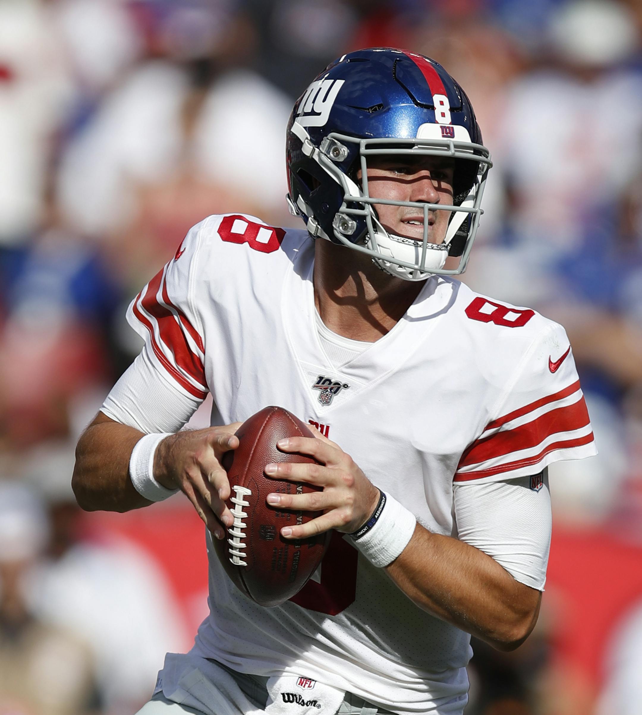 New York Giants quarterback Daniel Jones (8) looks to throw a pass against the Tampa Bay Buccaneers during an NFL football game, Sunday, Sept. 22, 2019, in Tampa, Fla. The Giants won the game 32-31. (Jeff Haynes/AP Images for Panini)
