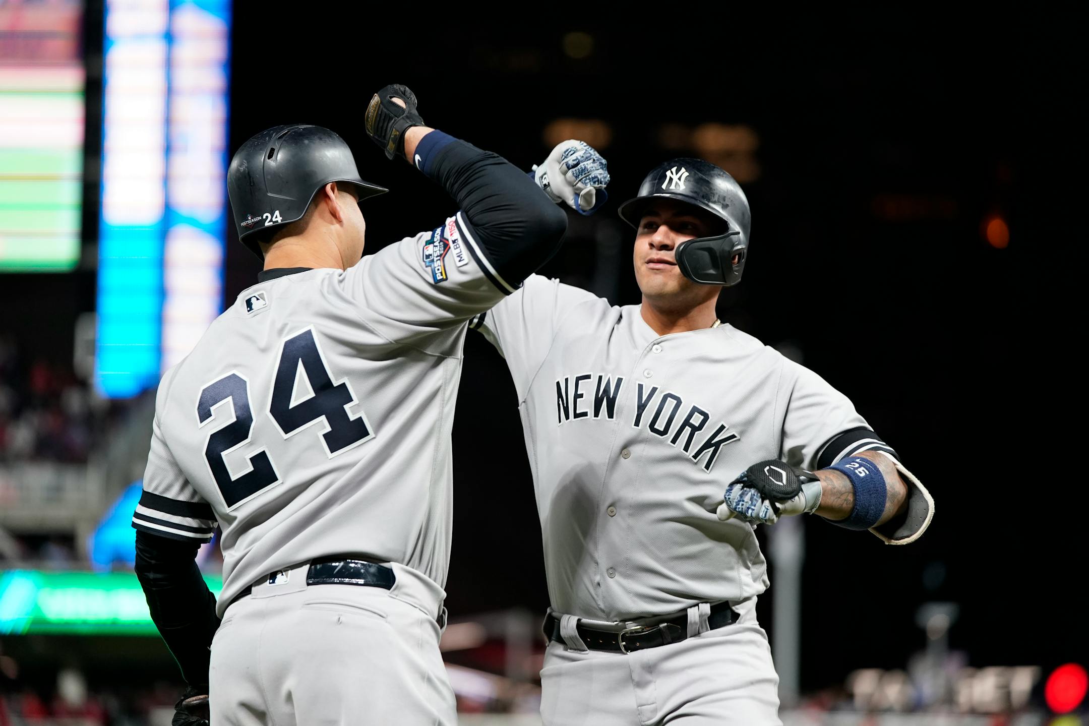 The Yankees' Gleyber Torres, right, celebrated with teammate Gary Sanchez after Torres belted a home run in the second inning of Game 3 on Monday night.