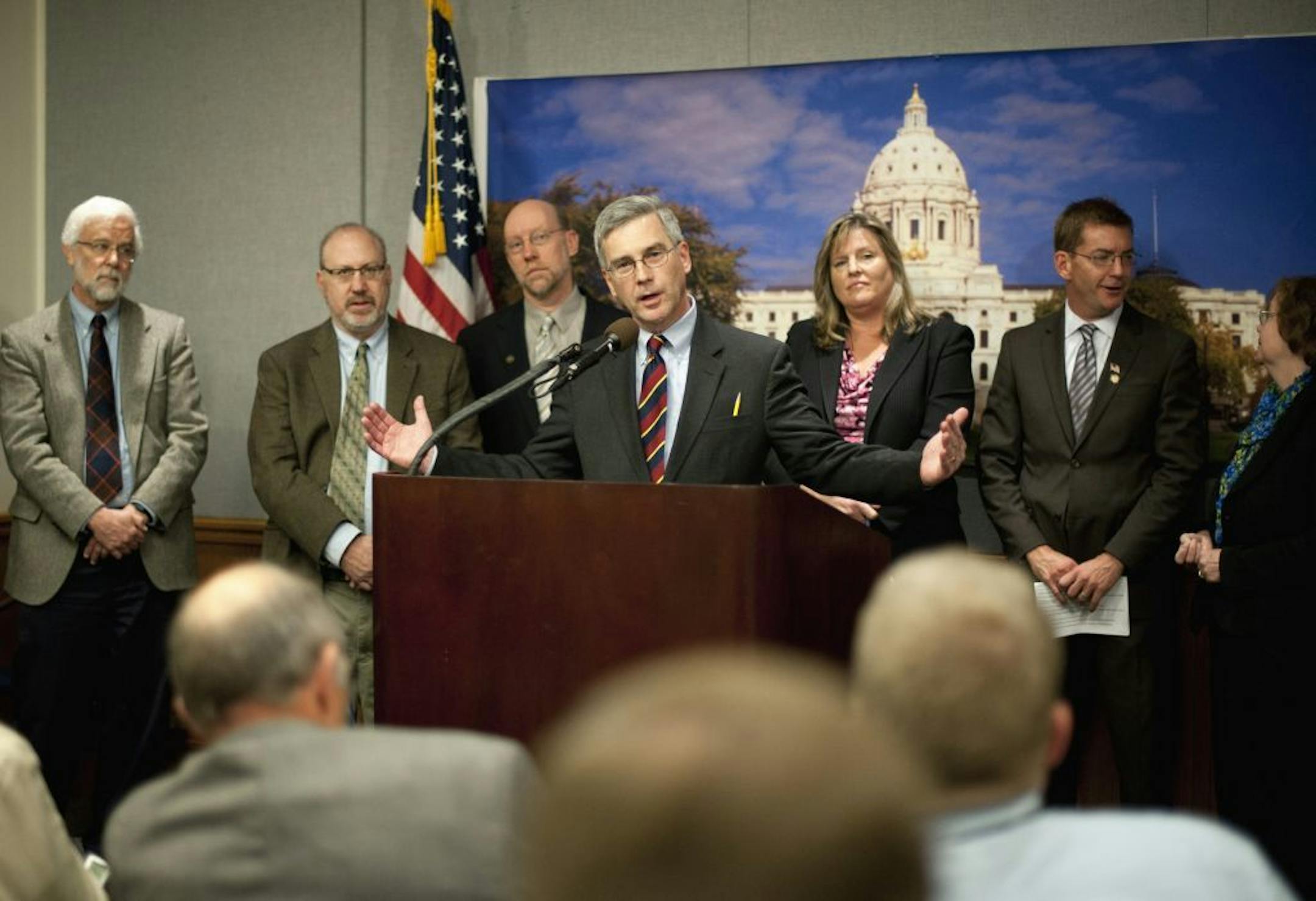 State Sen. David Hann, R-Eden Prairie, center, and state Rep. Ann Lenczewski, DFL-Bloomington, right, led a group of bipartisan legislators who are opposed to using gambling revenues for a Vikings stadium.