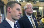 In this May 24, 2019, photo, Republican House Speaker Lee Chatfield, left, and Republican Senate Majority Leader Mike Shirkey speak with reporters at 