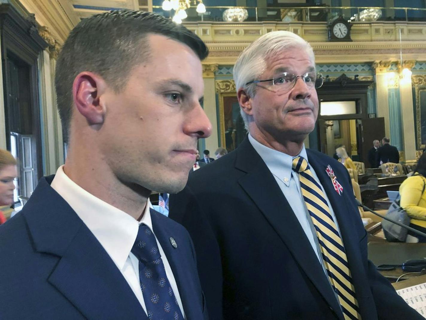 In this May 24, 2019, photo, Republican House Speaker Lee Chatfield, left, and Republican Senate Majority Leader Mike Shirkey speak with reporters at the Capitol in Lansing, Mich. After a meeting with President Donald Trump on Friday, Nov. 20, the pair said that they had learned nothing to warrant reversing the presidential election outcome in their state.