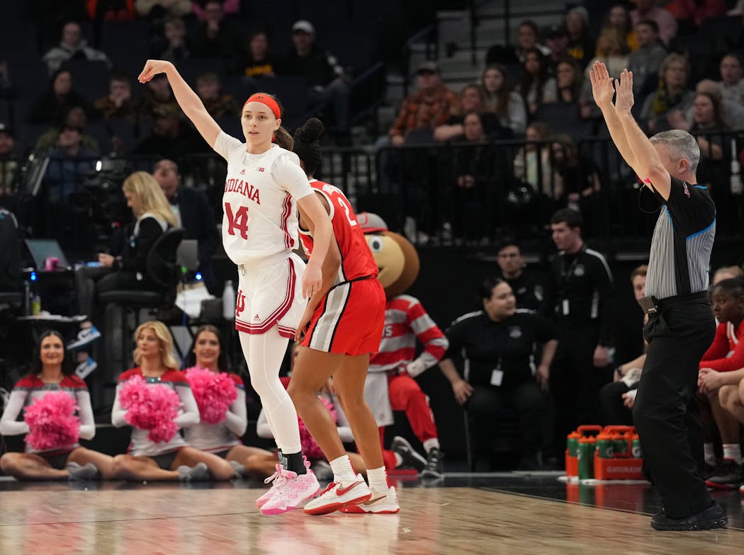 Indiana Hoosiers guard Sara Scalia (14), the former Gopher from Stillwater, is sharp long-range shooter and leads the Big Ten in three-point shot percentage.
