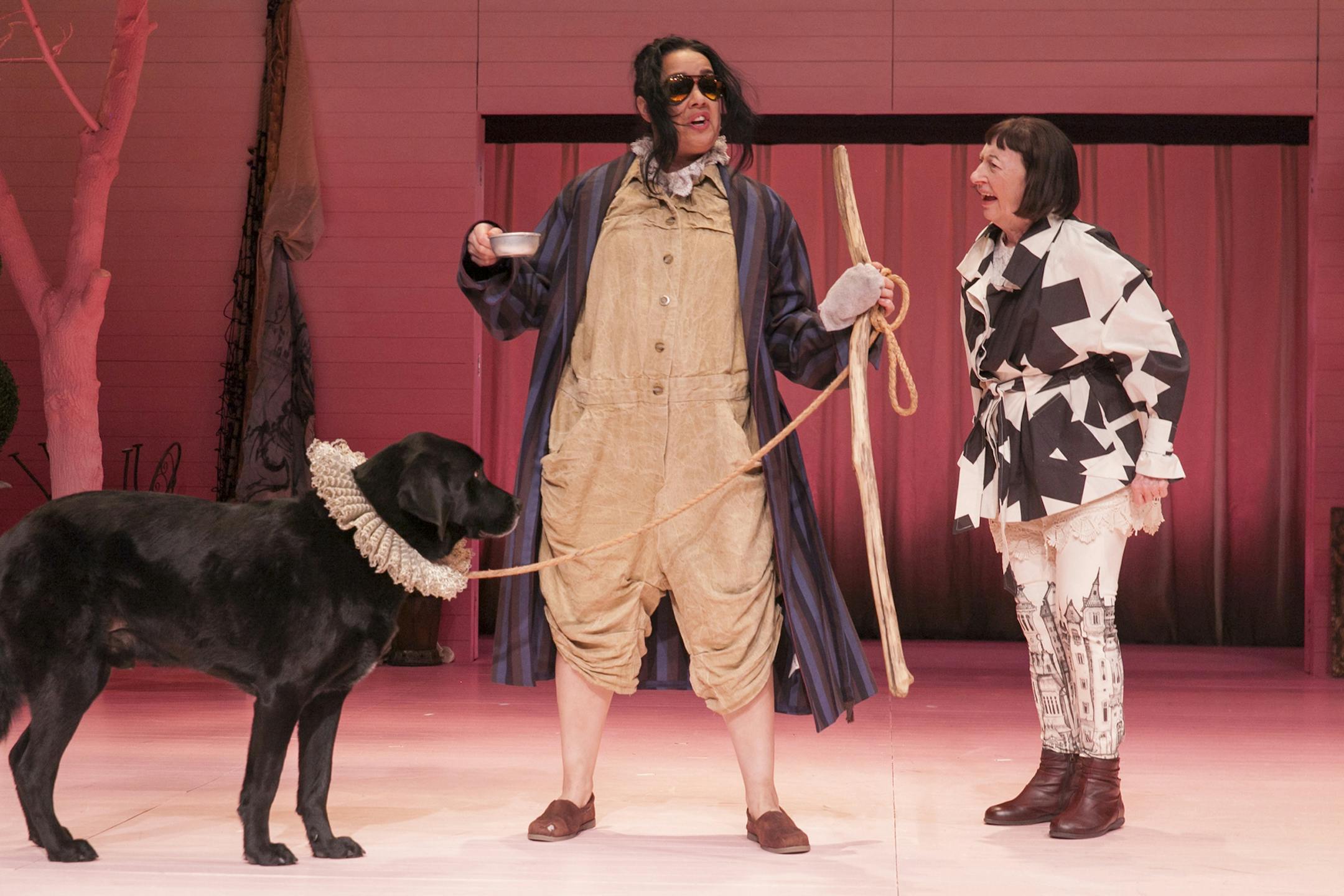 Crab (Bear), Launce (George Keller) and Speed (Wendy Lehr) in "The Two Gentlemen of Verona" at the Jungle Theater. credit: Heidi Bohnenkamp