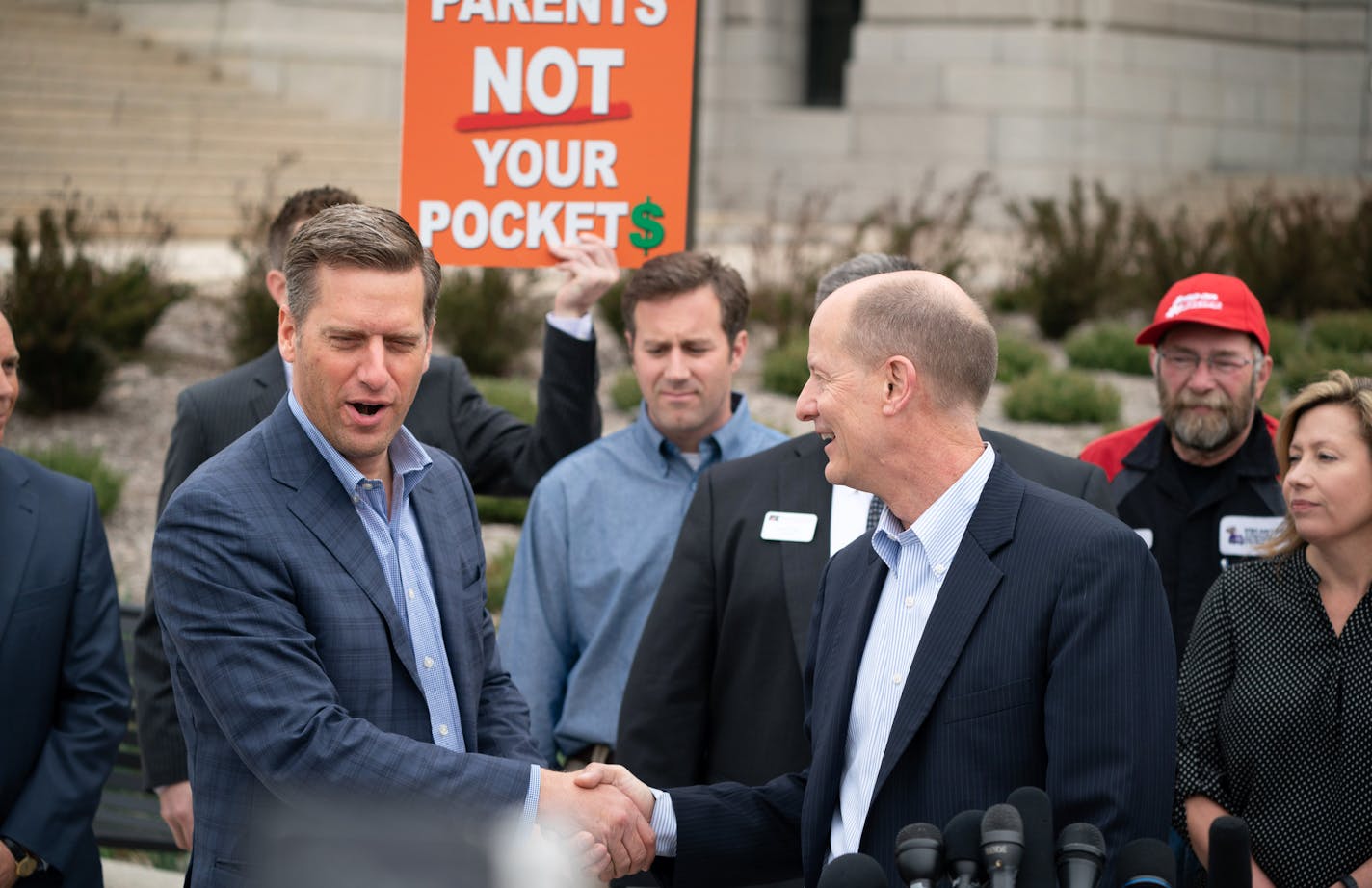 Republican legislative leaders House Speaker Kurt Daudt and Senate Majority Leader Paul Gazelka congratulated each other on their accomplishments. They came together outside the Capitol Monday to to list their accomplishments and encourage Governor Dayton to sign their bills instead of veto them.