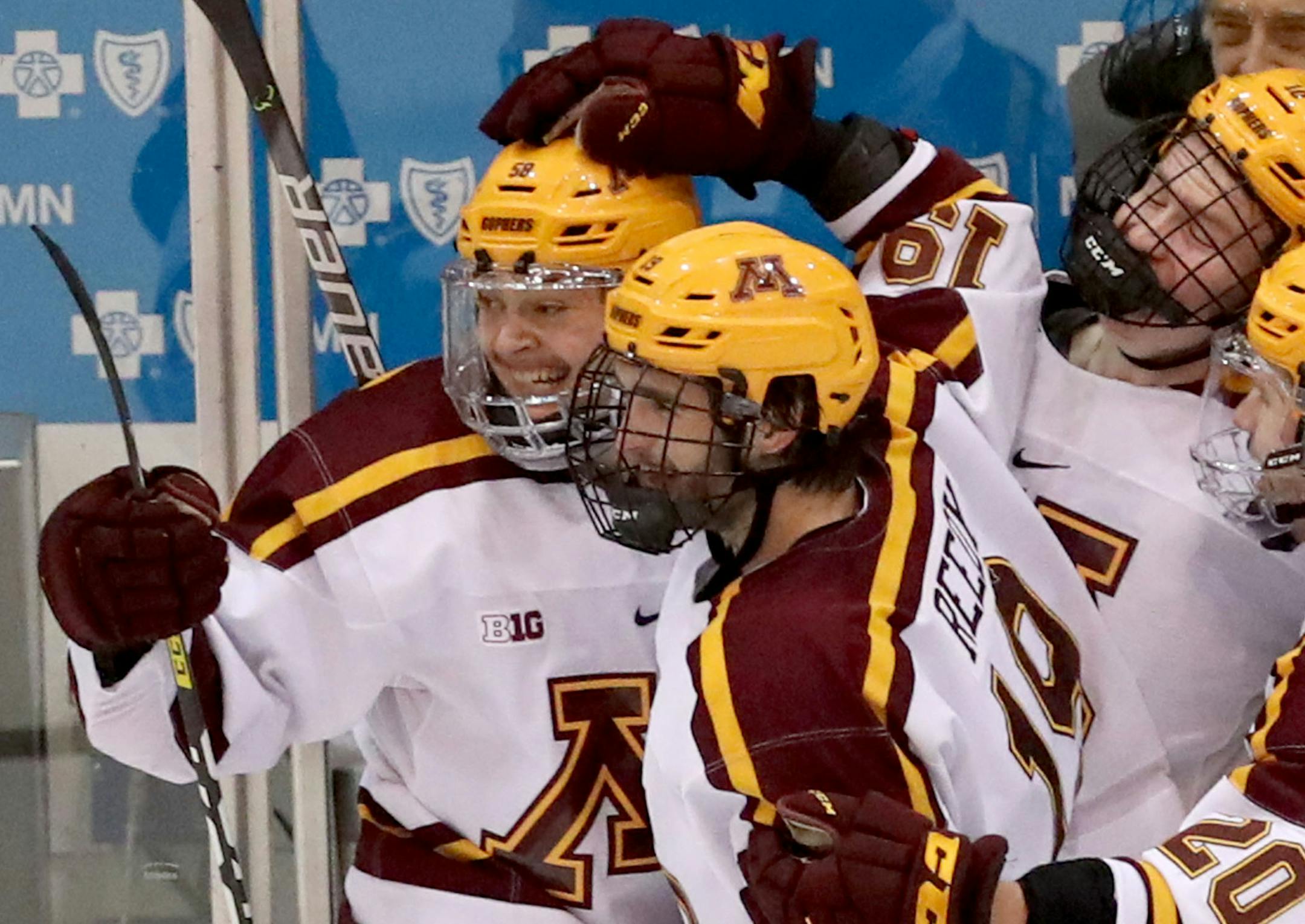The University of Minnesota's Sampo Ranta, left, celebrates his third period goal with teammates against the University of Wisconsin during the third period of the Gophers 4-1 win.] DAVID JOLES &#x2022; david.joles@startribune.com
Game coverage from Wisconsin at Gophers Friday, Nov 22, 2019, at 3M Arena at Mariucci in Minneapolis, MN