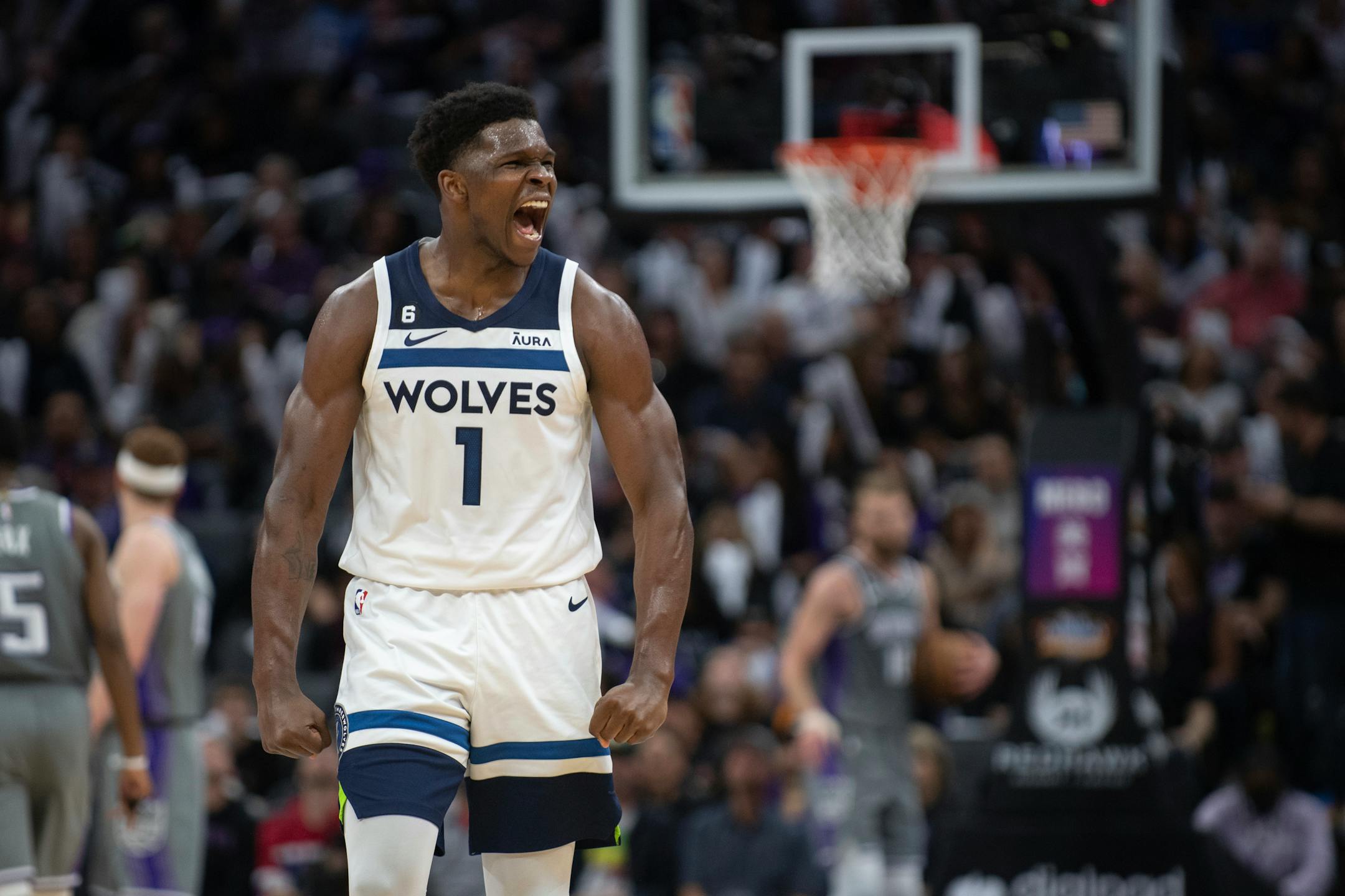 Minnesota Timberwolves guard Anthony Edwards reacts to a score as the Sacramento Kings ask for a timeout during the second half in an NBA basketball game in Sacramento, Calif., Saturday, March 4, 2023. The Timberwolves won 138-134. (AP Photo/José Luis Villegas)