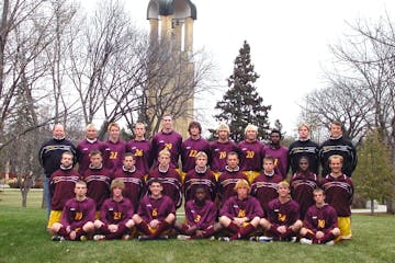 The 2003 Concordia College soccer team. Coach Jim Cella is in the top right on the right.