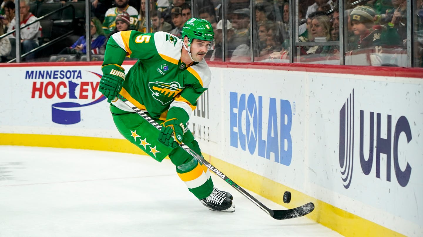 Minnesota Wild defenseman Jacob Middleton in action against the New York Rangers during second period of an NHL hockey game Saturday, Nov. 4, 2023, in St. Paul, Minn. The Wild won 5-4 in a shootout. (AP Photo/Craig Lassig)