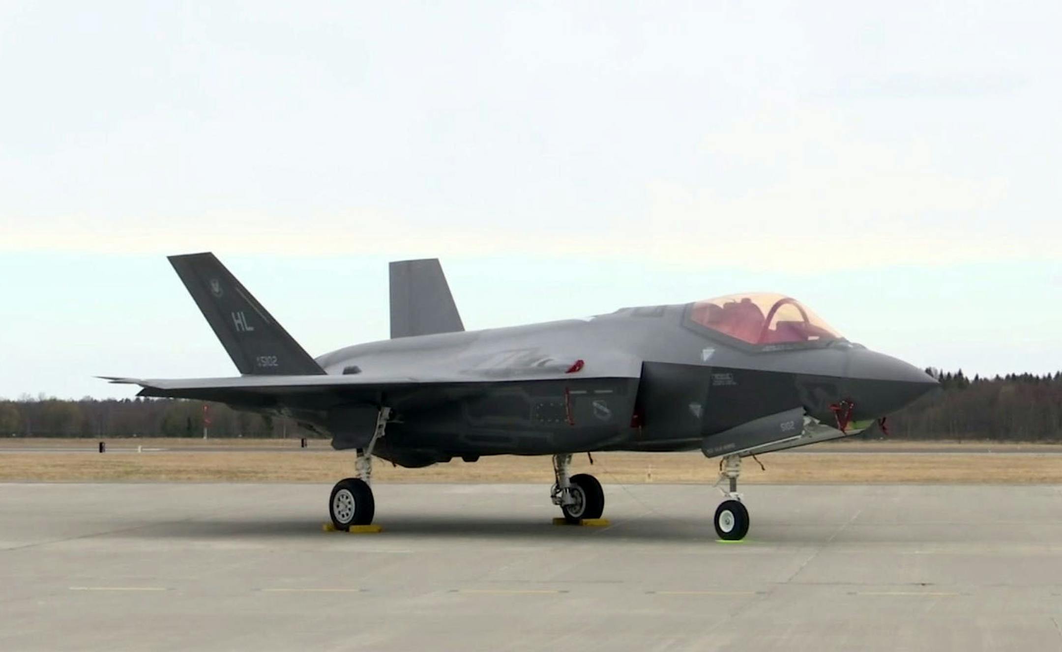 In this image made from video, a F35A fighter jet sits on the tarmac at the Amari Airbase in Harjumaa, Estonia, Tuesday, April 25, 2017. Two U.S. F-35 fighter jets have arrived in NATO member Estonia to take part in NATO drills as the aircraft see their first operational deployment in continental Europe. The planes with stealth technology to avoid detection by radar landed Tuesday at the Amari air base from the Royal Air Force base in Britain. Air Marshal Stuart Evans of NATO's Allied Air Comman