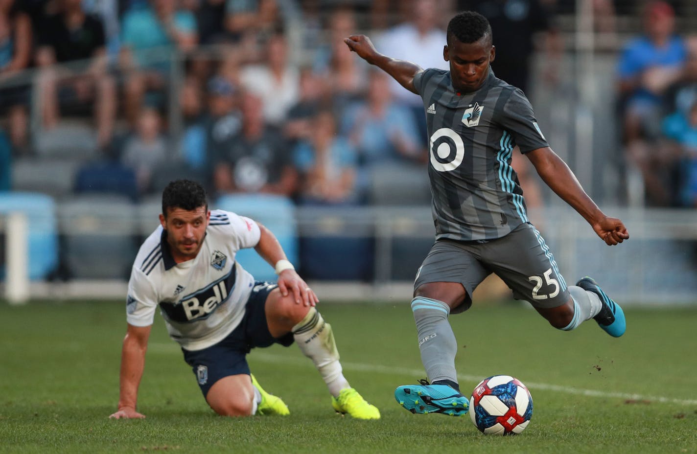 Minnesota United forward Darwin Quintero (25) takes a shot on goal in the first half. ALEX KORMANN • alex.kormann@startribune.com Minnesota United played Vancouver FC on Saturday July 27, 2019 at Allianz Field. Minnesota came into the game on a hot streak while Vancouver entered the night with one of the worst records in the league. The teams were tied 0-0 at the half.