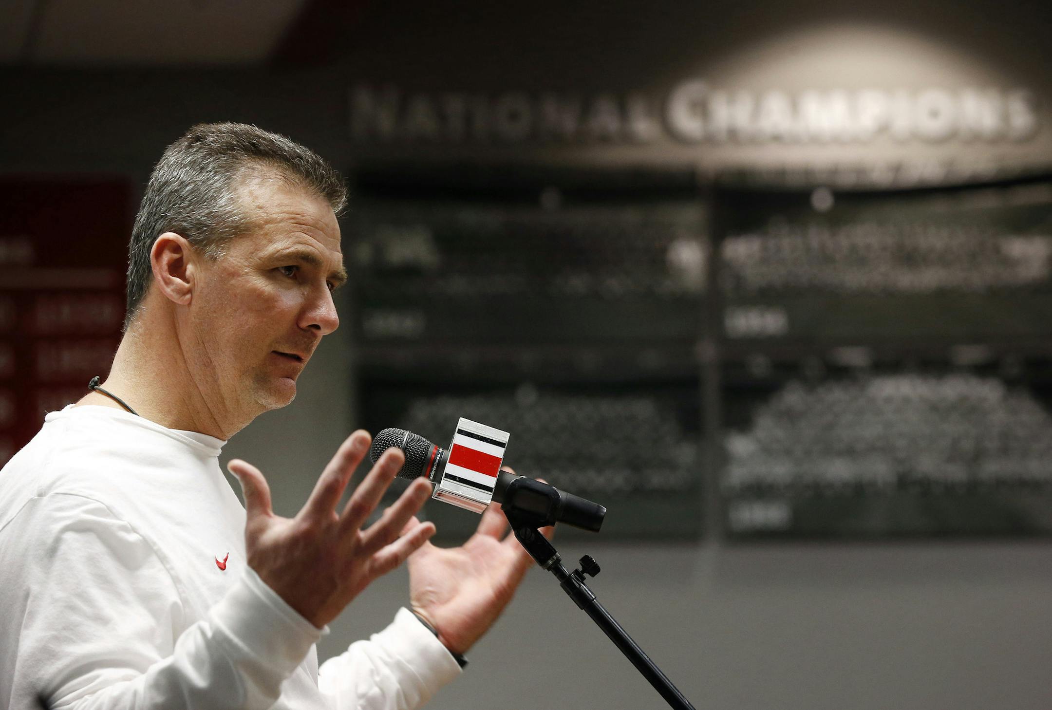 Ohio State coach Urban Meyer speaks during a news conference Tuesday, Jan. 6, 2015 in Columbus, Ohio. Ohio State faces Oregon in the national championship college football game on Jan. 12. (AP Photo/Columbus Dispatch, Adam Cairns)