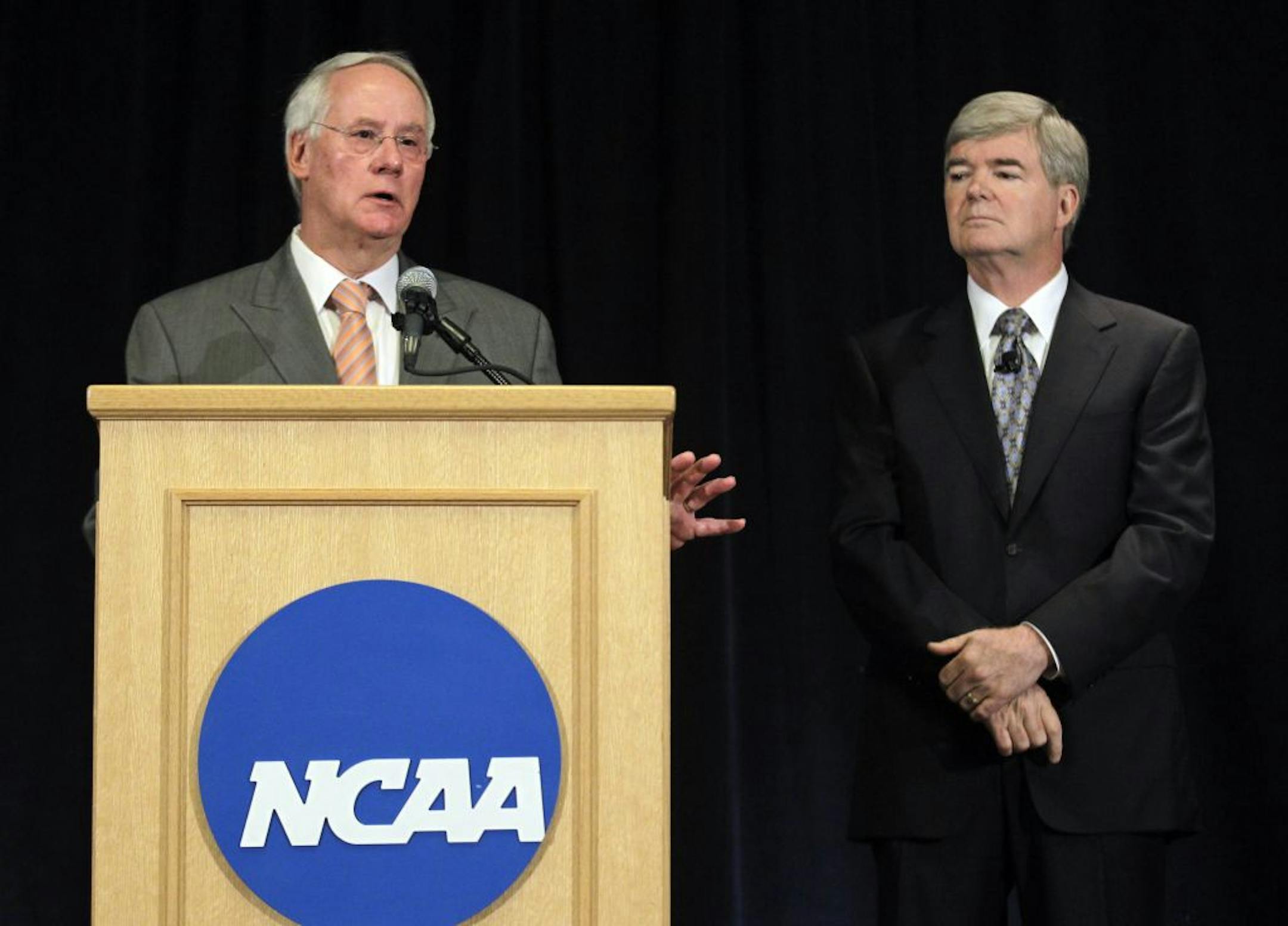 Ed Ray (left), NCAA Executive Committee chair and NCAA President Mark Emmert answered questions about the penalties imposed upon Penn State during a news conference in Indianapolis on Monday. The NCAA has slammed Penn State with an unprecedented series of penalties, including a $60 million fine and the loss of all coach Joe Paterno's victories from 1998-2011, in the wake of the Jerry Sandusky child sex abuse scandal.