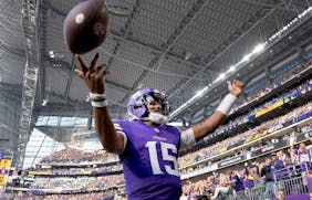 Minnesota Vikings quarterback Joshua Dobbs (15) celebrates after running in for a touchdown in the second quarter Sunday, November 12, 2023, at U.S. B