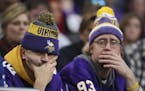 Chase Ehr, left, and Jay Schmidt drove drove down from Minot to watch the Vikings lose Sunday. ] JEFF WHEELER &#xef; jeff.wheeler@startribune.com The 
