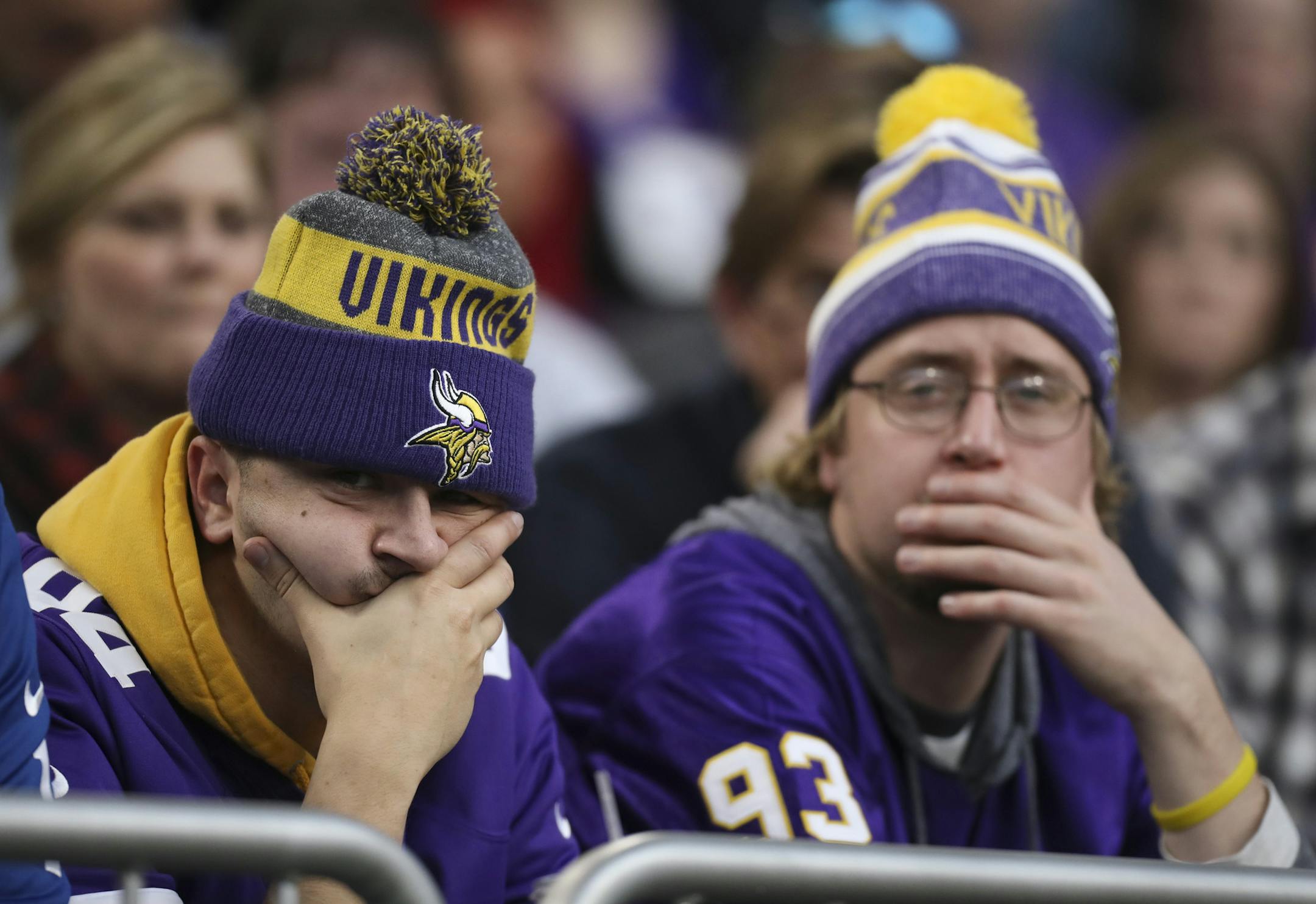 Chase Ehr, left, and Jay Schmidt drove drove down from Minot to watch the Vikings lose Sunday. ] JEFF WHEELER ï jeff.wheeler@startribune.com The Vikings lost 34-6 to the Indianapolis Colts in an NFL football game Sunday afternoon, December 18, 2016 at U.S. Bank Stadium in Minneapolis.