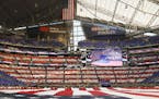 There was a card stunt with fans in the stands holding colored cards during the National Anthem Monday night, Sept. 11, 2017 at U.S. Bank Stadium in M