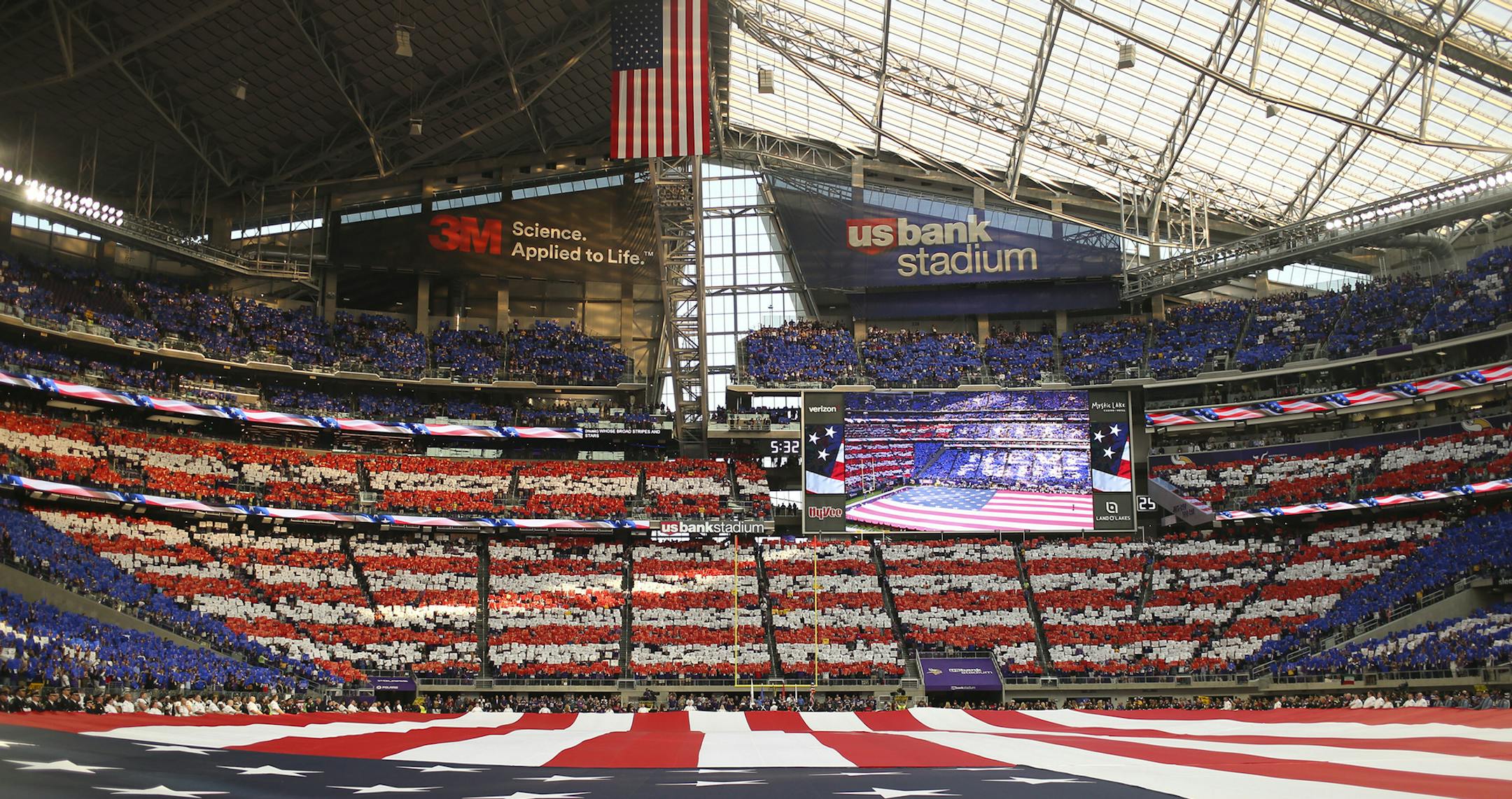 There was a card stunt with fans in the stands holding colored cards during the National Anthem Monday night, Sept. 11, 2017 at U.S. Bank Stadium in Minneapolis, Minn. (Jeff Wheeler/Minneapolis Star Tribune/TNS) ORG XMIT: 1210887 ORG XMIT: MIN1709112125495775