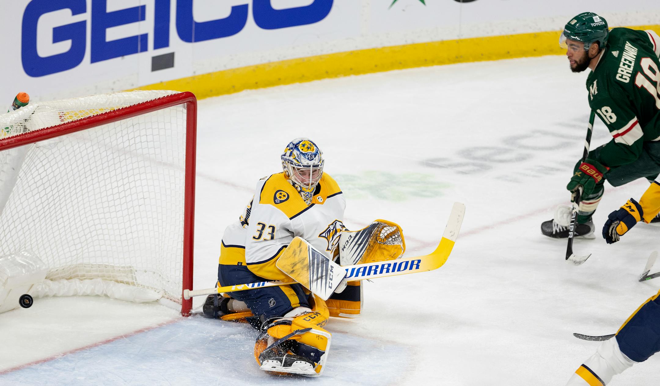 Jordan Greenway (18) of the Minnesota Wild shoot the puck past Nashville Predators goalie David Rittich (33) for a goal in the second period.