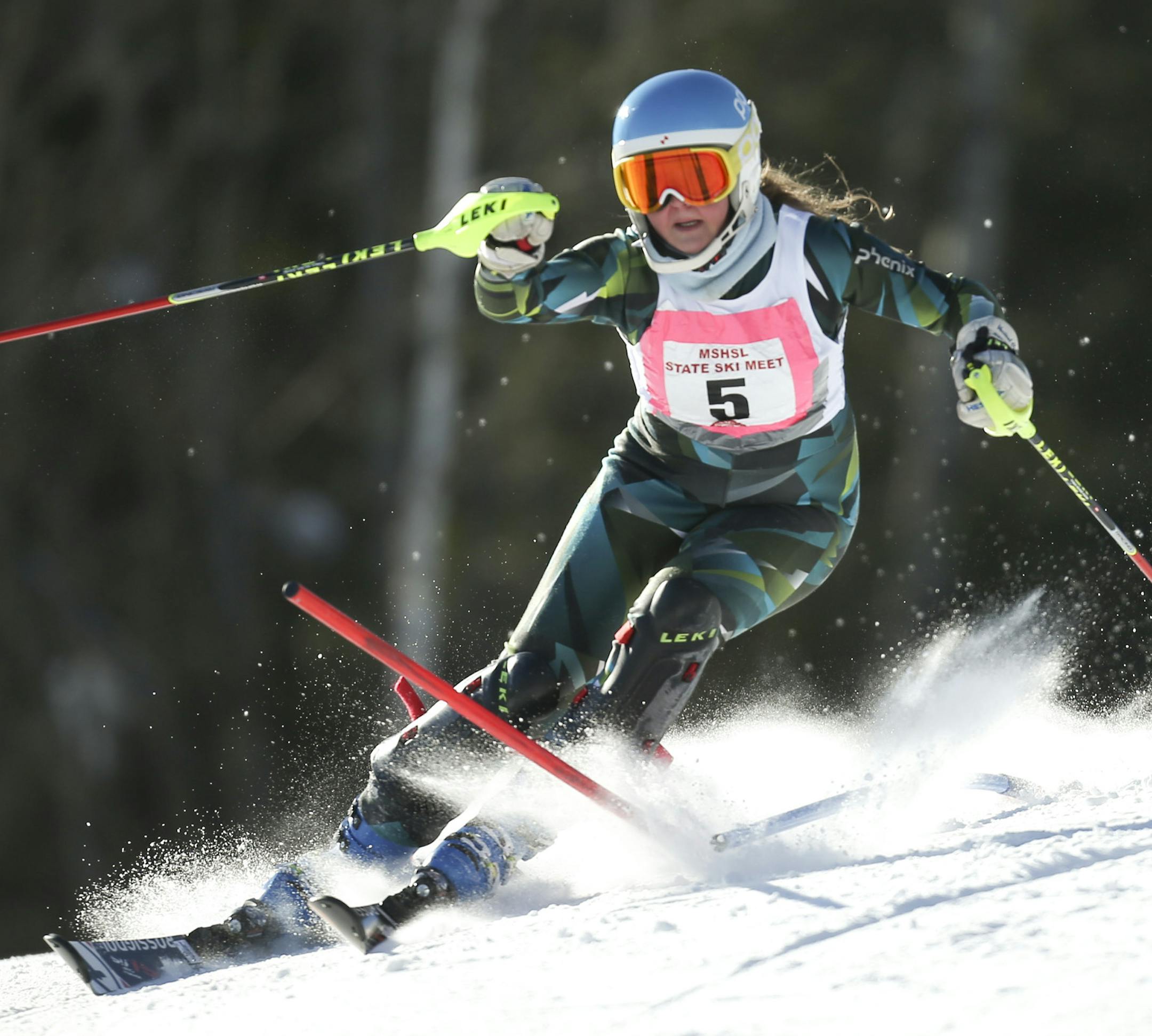 Minnetonka's Megan Greiner skis on her way to first place in the girls' alpine skiing competition in Biwabik, Minn., Wednesday, Feb. 12, 2014. (AP Photo/Star Tribune, Jeff Wheeler) ST. PAUL PIONEER PRESS OUT; SOFT OUT MINNEAPOLIS-AREA TV NOT TV; MAGAZINES OUT