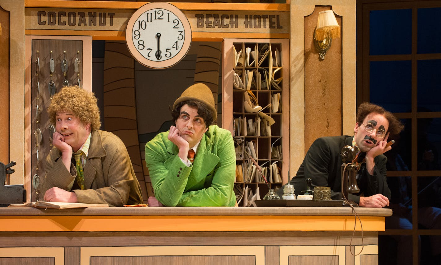 Brent Hinkley (Harpo), John Tufts (Chico), and Mark Bedard (Mr. Hammer (Groucho)) in the Guthrie Theater's production of The Cocoanuts, directed by David Ivers. The Guthrie Theatre. 2015. The Cocoanuts. Photo: Jenny Graham.