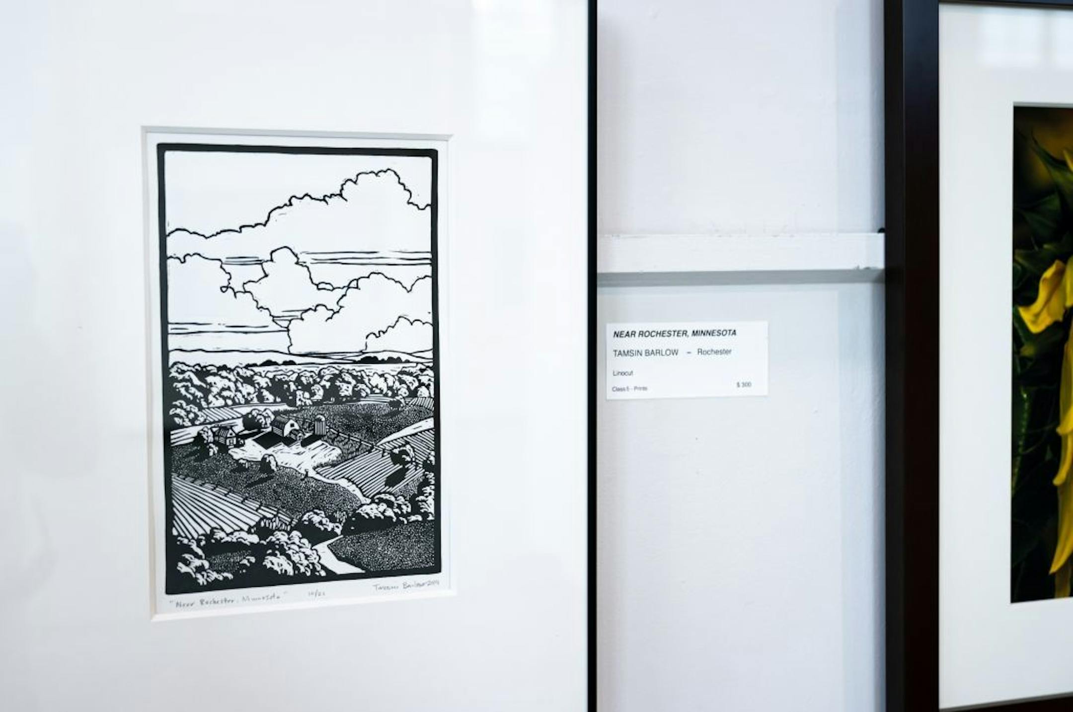 Near Rochester, Minnesota by Tamsin Barlow, linocut.