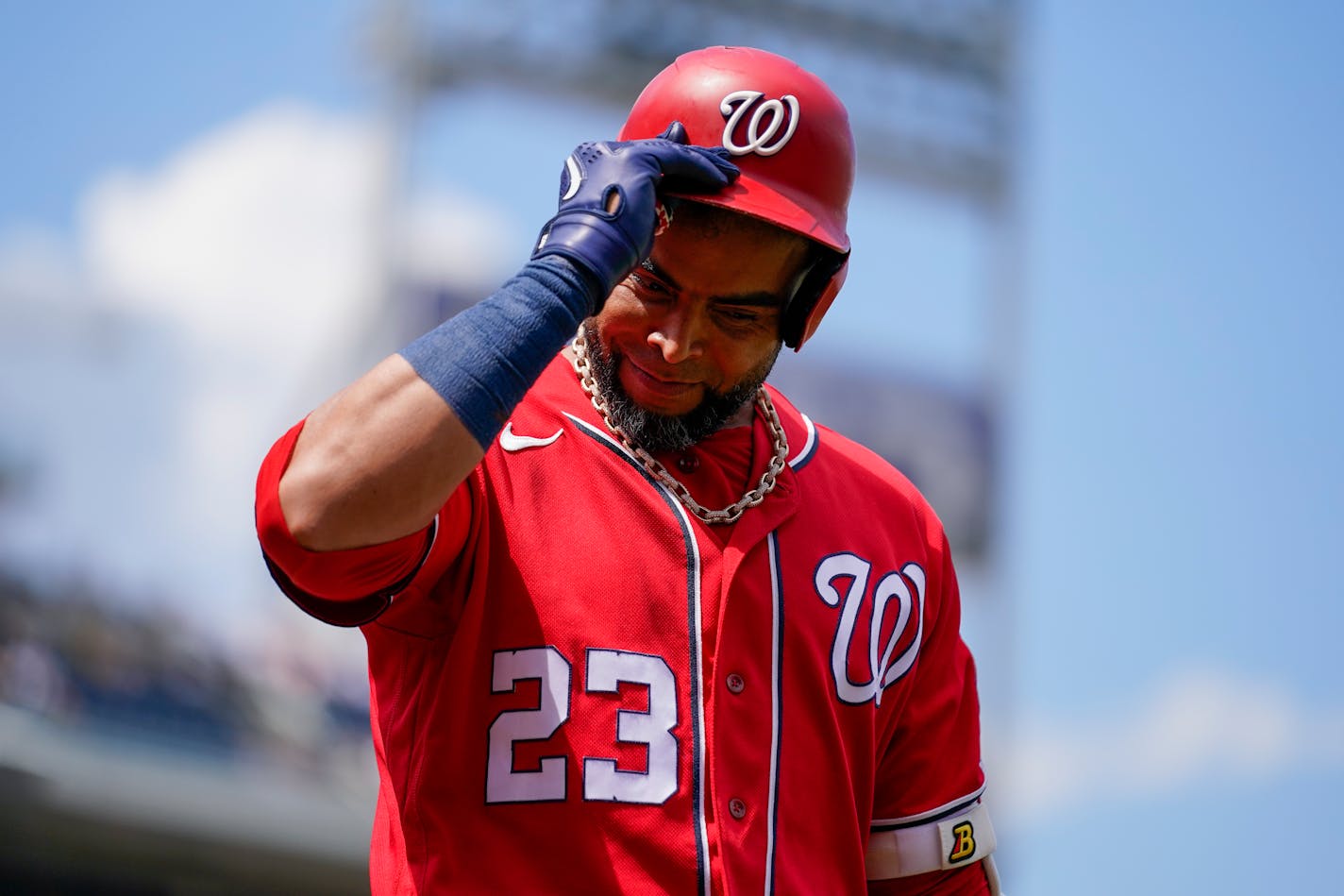 Washington Nationals Nelson Cruz in action during a baseball game against the Chicago Cubs at Nationals Park Wednesday, Aug. 17, 2022, in Washington. (AP Photo/Andrew Harnik)