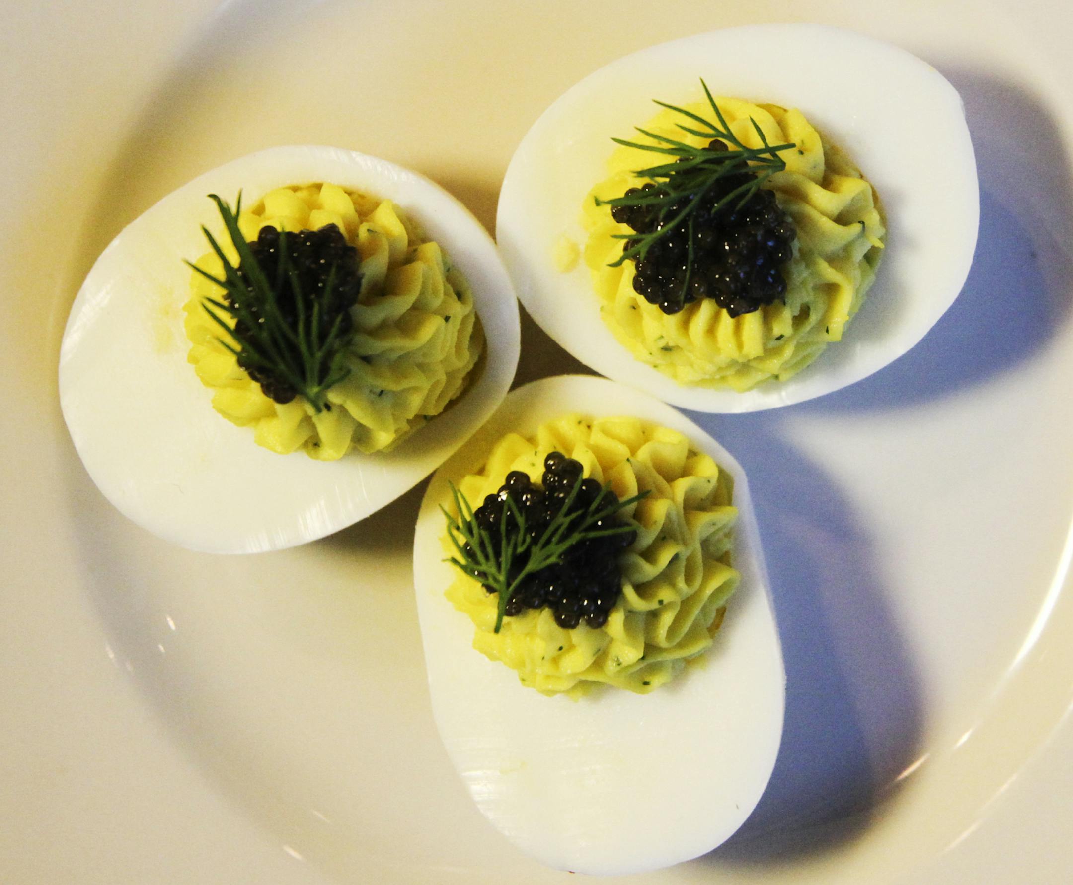Deviled eggs with dill and caviar, a late-night snack, from Nightingale.