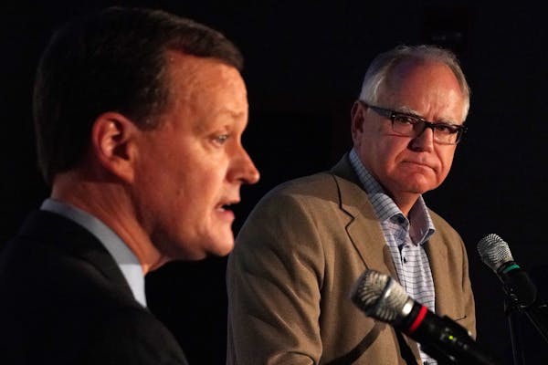 Minnesota gubernatorial candidates Jeff Johnson and Tim Walz debated in Willmar in October.
