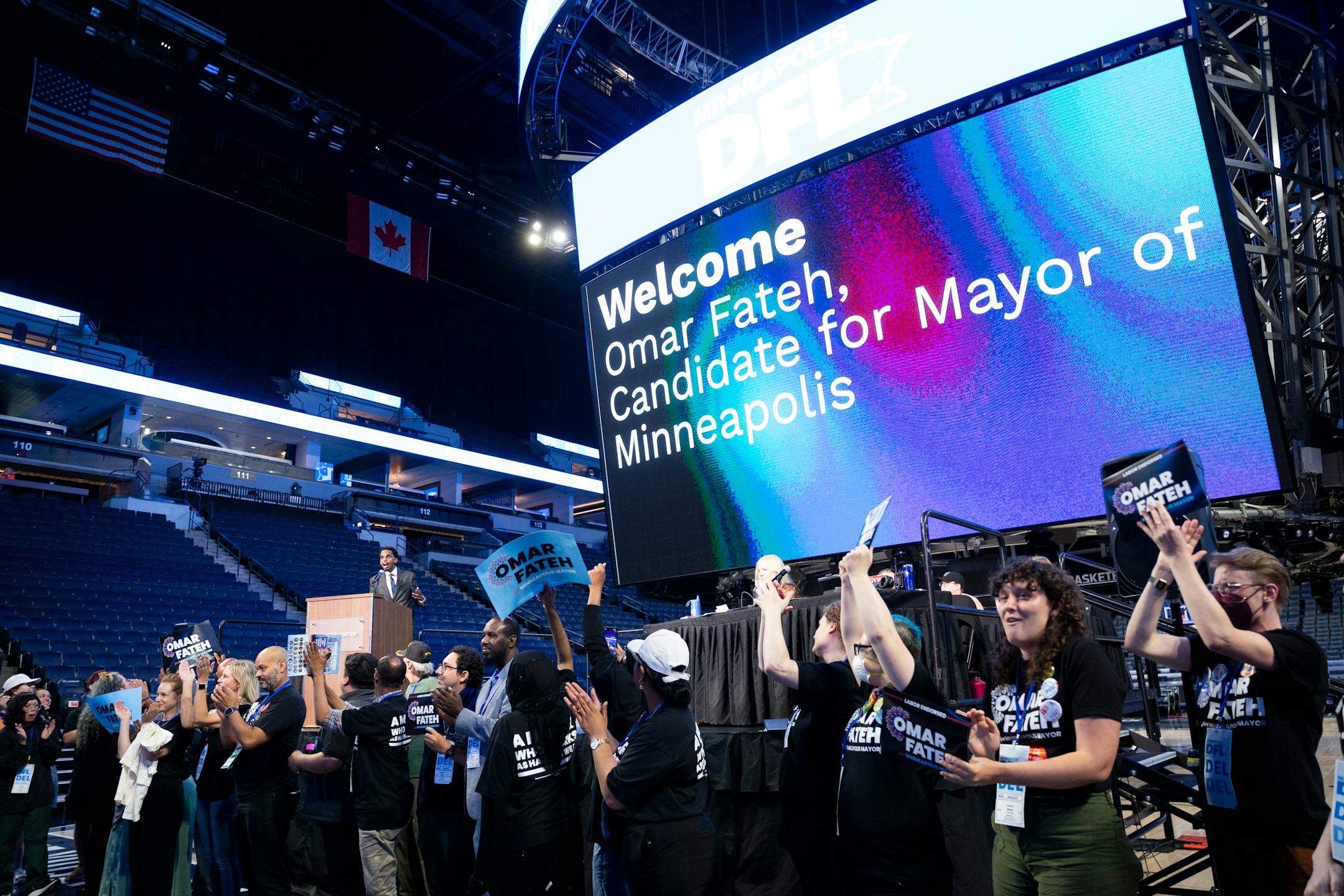 Mayoral candidate Omar Fateh speaks during the Minneapolis DFL convention at Target Center on July 19.