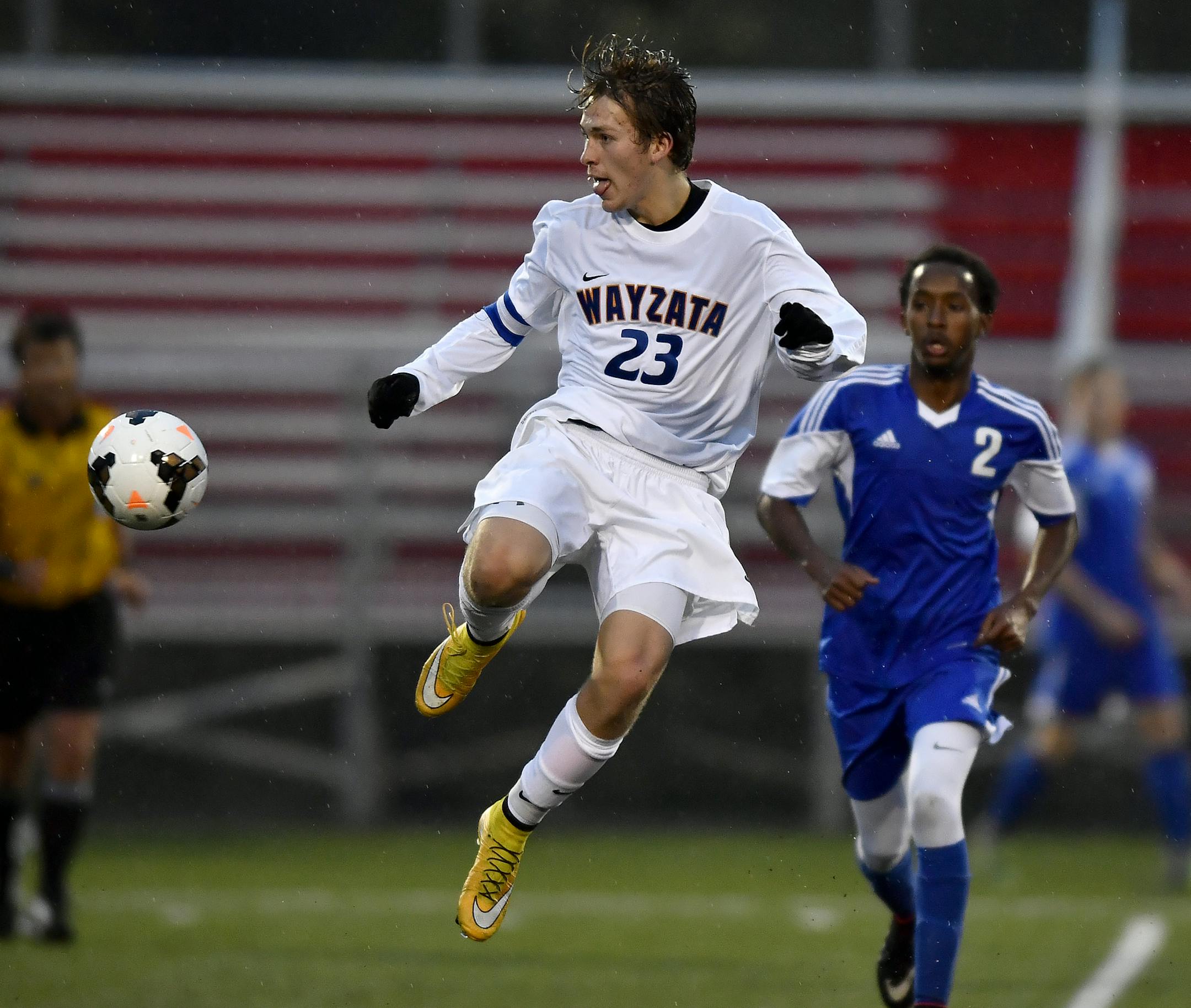Wayzata forward Alex Bracken (23) went up to stop a goal kick during the first half Tuesday. ] (AARON LAVINSKY/STAR TRIBUNE) aaron.lavinsky@startribune.com Wayzata played Owatonna in the 2A boys' state tournament quarterfinals on Tuesday, Oct. 25, 2016 at Benilde-St. Margaret's in St. Louis Park, Minn.
